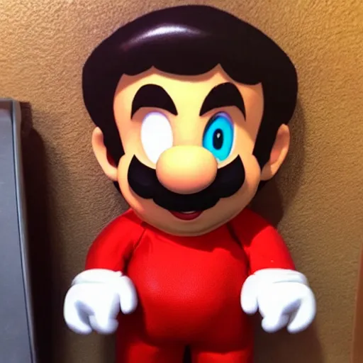 Image similar to hyperrealistic Super Mario, with pizza eyes