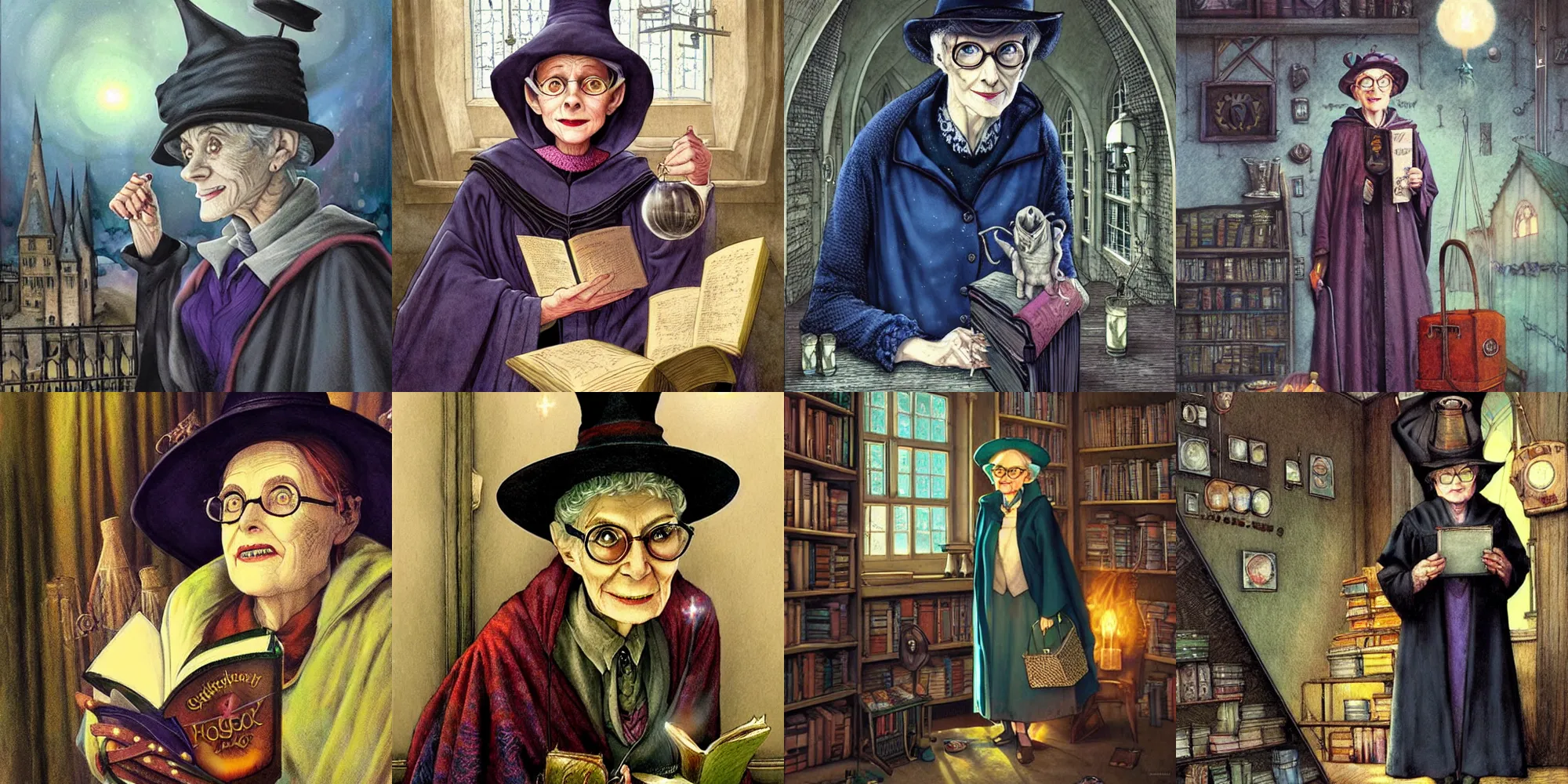 Prompt: Granny Weatherwax as a professor in Hogwarts School of Witchcraft and Wizardry, detailed, hyperrealistic, colorful, cinematic lighting, digital art by Paul Kidby’