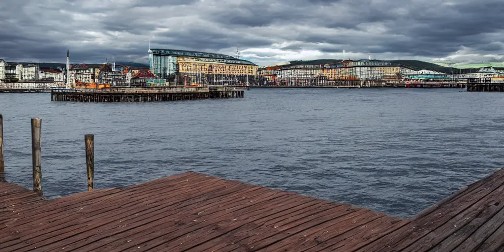 Prompt: pier in Oslo with aurora, digital art, amazing details, beautiful view