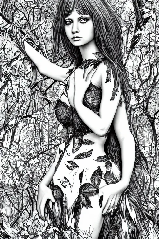 Image similar to plant fairy | digital painting | highly detailed | ultra realistic | dark fantasy | vivid colors | cinematic atmosphere | hyper detailed | black and white | strong lines