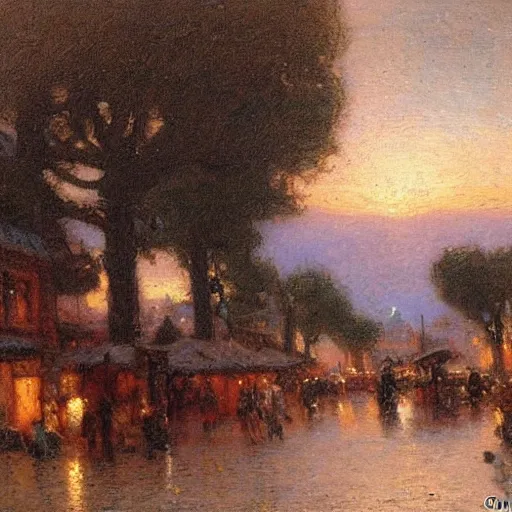 Image similar to a small town at twilight, very high detail, painted by gaston bussiere