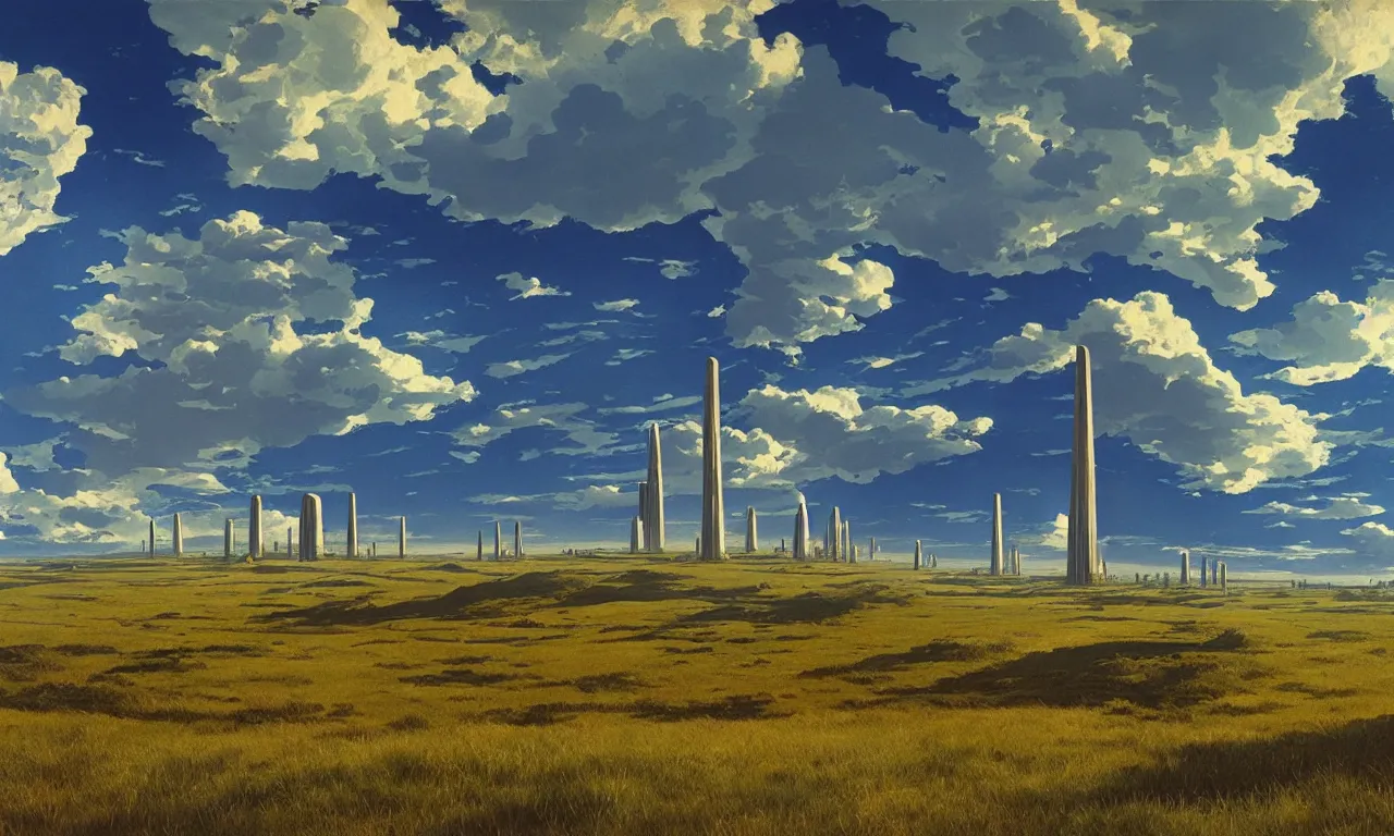 Prompt: Green grasslands with scientific monoliths in them, blue sky, daylight, cinematic lighting, dramatic lighting, cozy, detailed, by Syd Mead, Federico Pelat