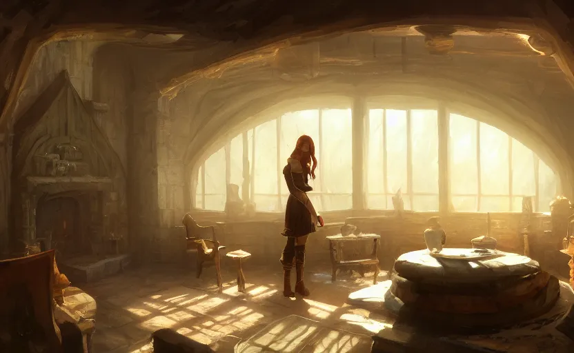 Image similar to painting of an interior of a hidden, cozy ring - shaped living quarters overlooking the great room, well maintained, clean, medieval, fantasy genre, natural light, fantasy, natural light, concept art, by greg rutkowski and craig mullins, cozy atmospheric and cinematic lighting, trending on artstation