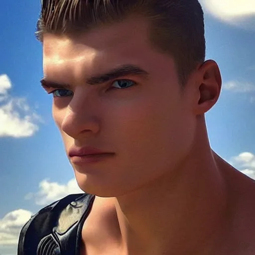 Image similar to “a realistic detailed photo of a guy who is an attractive humanoid who is half robot and half humanoid, who is a male android, Max Verstappen, shiny skin, posing like a statue, blank stare”