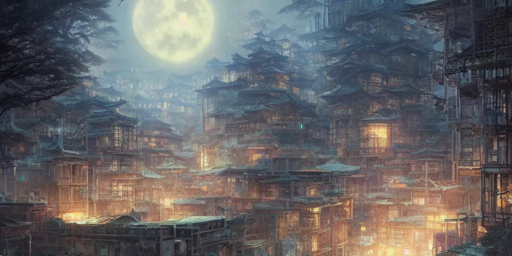 Prompt: a modern japanese lost city, densely built - up, full moon, cold light, digital painting, by greg rutkowski and thomas kinkade