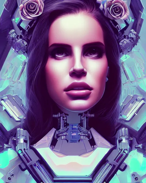 Image similar to portrait of lana del rey as a cyberpunk cyborg. roses, sci - fi, missing panels, intricate abstract upper body intricate artwork, by tooth wu, wlop, beeple, dan mumford. concept art, octane render, deviantart, greg rutkowski, cinematic, key art, hyperrealism, iridescent accents