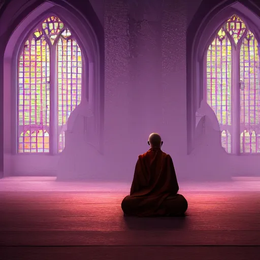 Image similar to mystic purple monk meditate in old church, unreal engine, digital, artstation, detailed body, heavenly atmosphere, digital art, overdetailed art, trending on artstation, cgstudio, the most beautiful image ever created, dramatic, award winning artwork, beautiful scenery