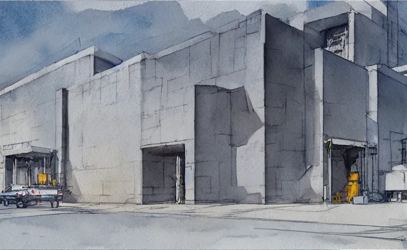 Image similar to concept art of a concrete factory exterior, pinterest, artstation trending, behance, watercolor, by coby whitmore, silver, laser light,