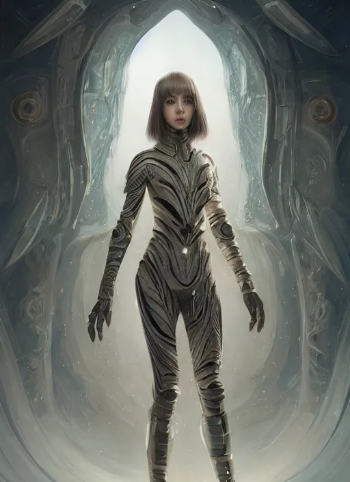 Image similar to a professional painting of a beautiful young female alien, clothed in ethereal armor, olive skin, long dark hair, beautiful bone structure, symmetrical facial features, intricate, elegant, digital painting, concept art, smooth, sharp focus, illustration, from Valerian and the City of a Thousand Planets, by Ruan Jia and Mandy Jurgens and Artgerm and William-Adolphe Bouguerea