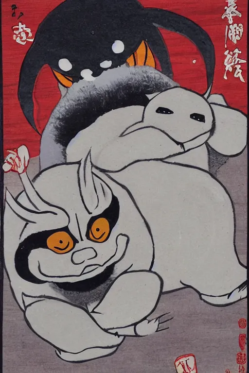 Image similar to baby harp seal as Ibaraki-dōji, scary, terrifying, oni, Japanese painting