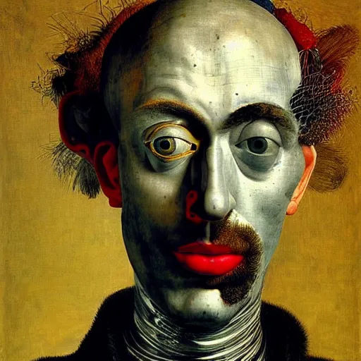 Image similar to portrait photo of a man made from computer parts, Perfect face, extremely high details, realistic, by Giuseppe Arcimboldo, Edward Hopper, Rene Margitte