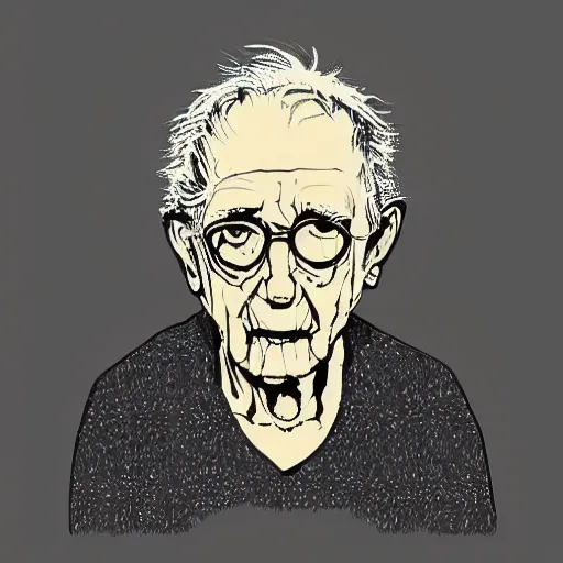 Image similar to detailed half body digital art of a old person wearing ragged and ruined clothes. the background is pure black with a little bit of glow behind the character