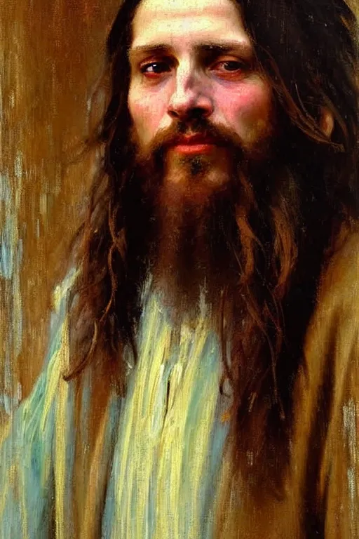 Image similar to impressionist brushstrokes!!!!!!!!! solomon joseph solomon and richard schmid and jeremy lipking victorian loose genre loose painting full length portrait painting of jesus with a slight smile happy inviting