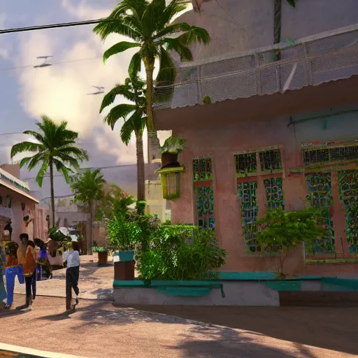 Image similar to A photo of a Solarpunk West Indian, Caribbean City, photorealistic, 4K