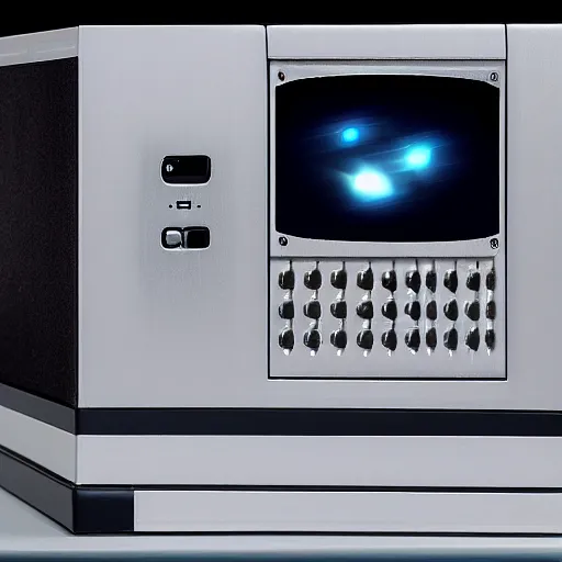 Prompt: realistic photo of a quantum desktop computer in the 2088,8k ultra realistic details technical details