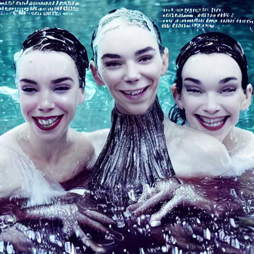 Image similar to stunning vogue magazine photo of dark - haired goddesses vanessa kirby, hailee steinfeld, and bjork smiling, legs intertwined, in a bubble bath, with wet faces!!, wet lips, smooth skin, perfect eyes, insanely detailed, elegant, by wlop, rutkowski, livia prima, mucha, wlop,