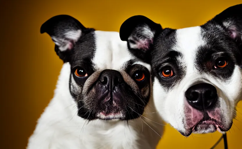 Image similar to studio photography of a dog sitting in front of a yellow background, detailed face, cinematic lighting, 8 k