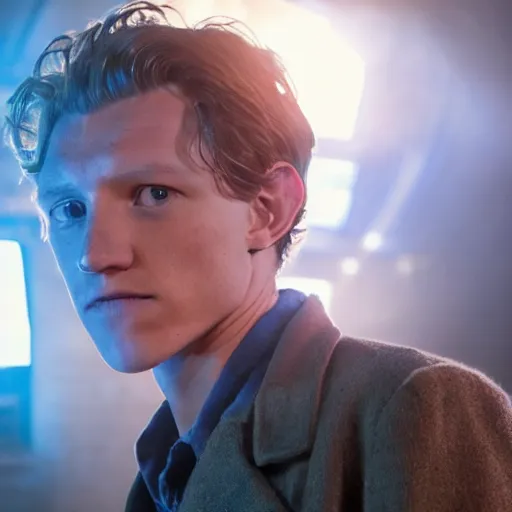 Image similar to tom holland as a rough dirty old man with a scruffy beard in a dark blue trenchcoat as the new doctor who, cinematic, volumetric lighting, f 8 aperture, cinematic eastman 5 3 8 4 film, photorealistic