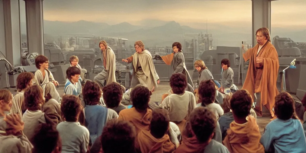 Prompt: A full color still of Mark Hamill as Jedi Master Luke Skywalker training a diverse room full of young Jedi padawans, with large windows showing a sci-fi city outside, at dusk at golden hour, from Star Wars, directed by Steven Spielberg, 1994