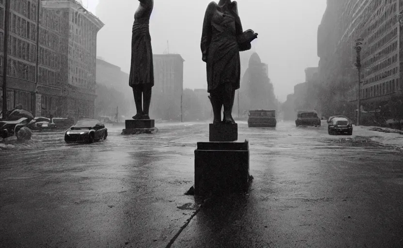 Image similar to 40s movie still of a sovietic street with a big statue of Lenine , Cinestill 800t 18mm, heavy grainy picture, very detailed, high quality, 4k panoramic, HD criterion, dramatic lightning, rain, mud, foggy