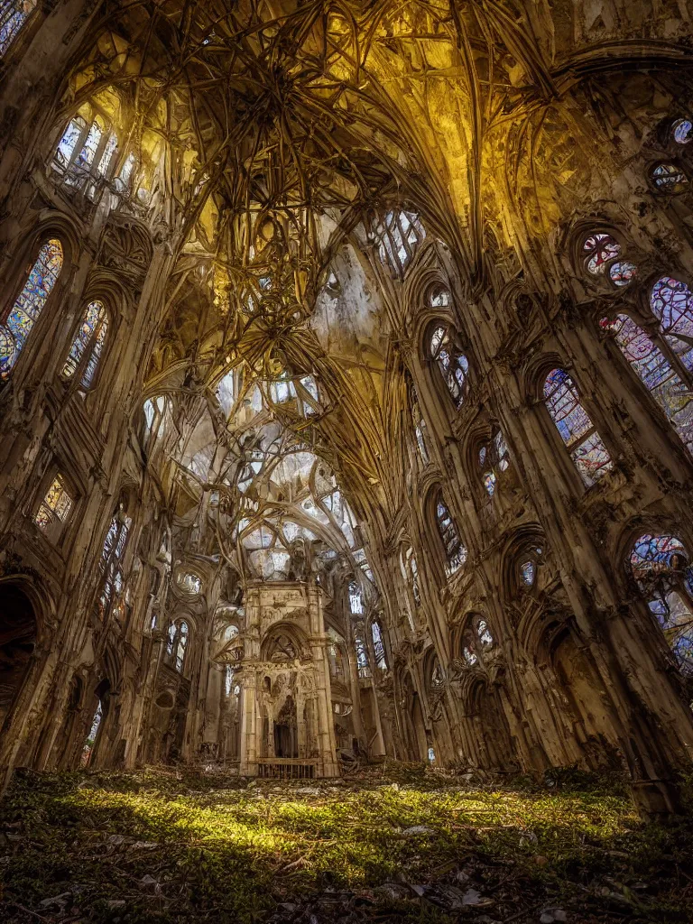 Image similar to Wide angle photograph of the inside of an abandoned cathedral, with a broken roof and overgrown with vines and bushes, cinematic lighting, epic scene, dramatic lighting, evening light, sunset, golden hour, fuji velvia, Flickr, national geographic, taken by Daniel Kordan