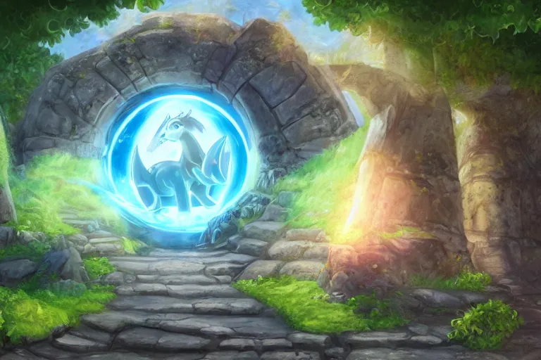 Image similar to Ancient runic portal to Equestria activates, showing Equestria's beautiful landscape inside