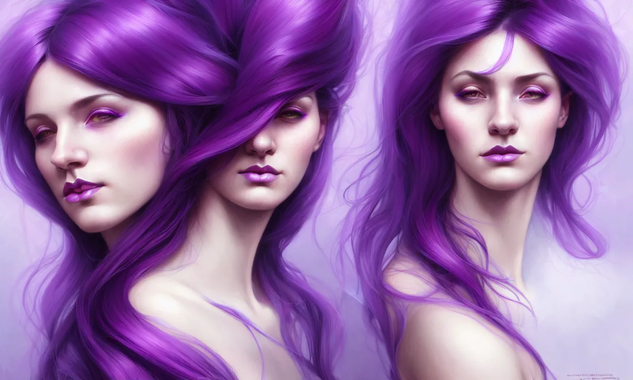 Image similar to Purple hair relistic Portrait of a two woman with bright colored flying hair, all shades of purple. Beauty face, Hair coloring, fantasy, intricate, elegant, highly detailed, digital painting, artstation, concept art, smooth, sharp focus, illustration, art by artgerm and greg rutkowski and alphonse mucha