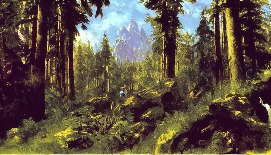 Prompt: disney illustrated background by eugene von guerard, ivan shishkin, john singer sargent