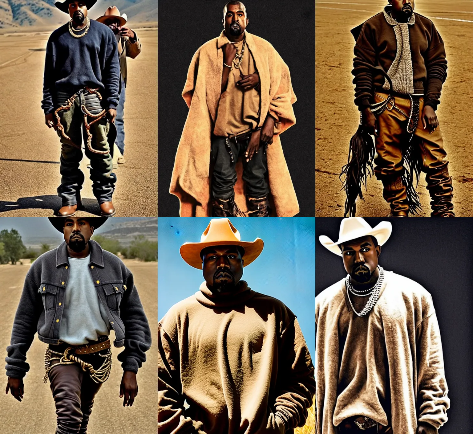 Prompt: kanye west as a cowboy, western film style