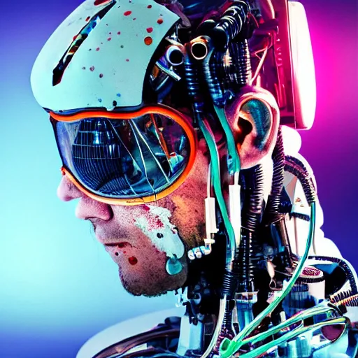 Image similar to Beautiful Photo of Arduino Uno in the robot's head. cyborg man. Cyberpunk. splatterpunk. 4K