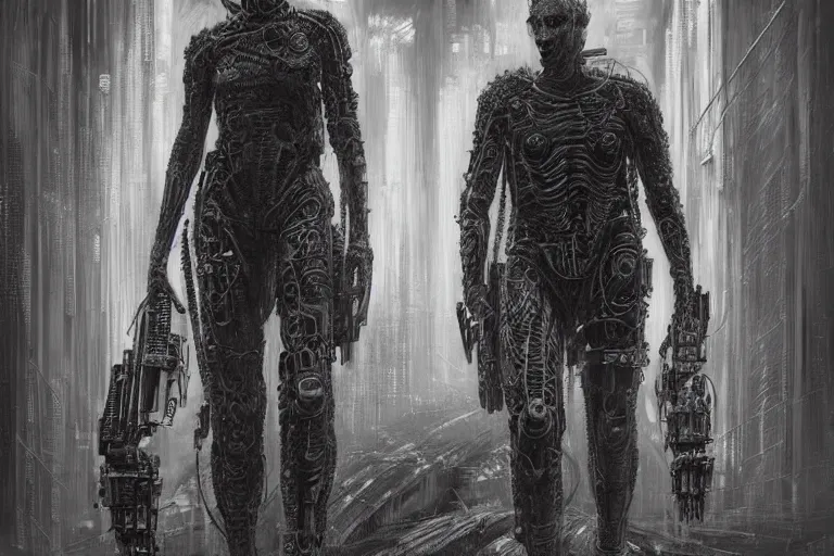 Image similar to highly detailed concept art of neuromancer characters, dystopian post - apocalyptic retrofuturistic neon vibe, an ultrafine detailed painting by hans giger and wayne barlowe, trending on deviantart, pop surrealism, whimsical, lowbrow, perfect symmetrical face, sharp focus, octane, masterpiece