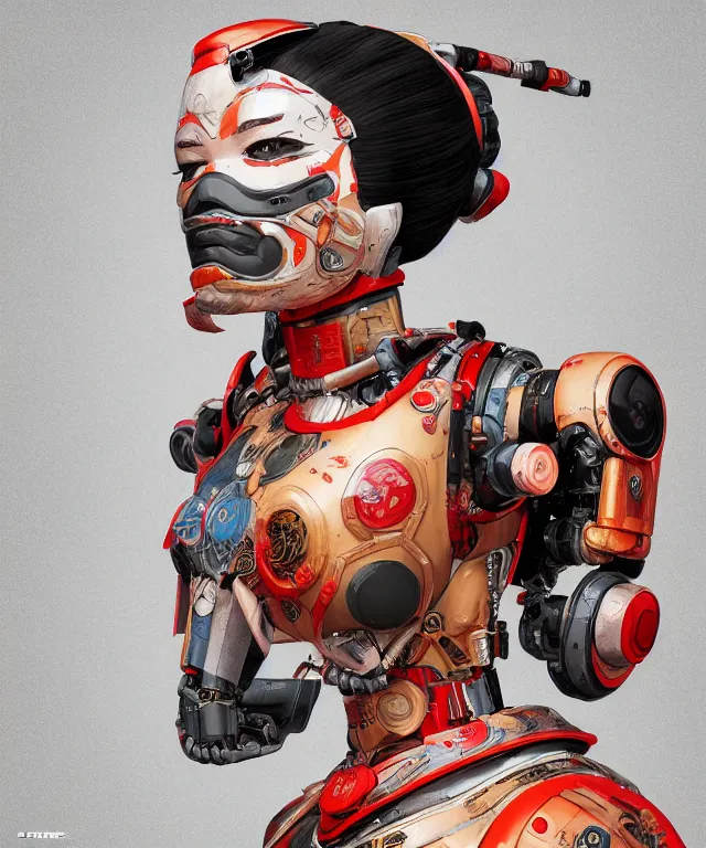 Image similar to an epic fantastic realism comic book style portrait painting of a japanese robotic geisha with kanji tattoos and decals, apex legends, octane render, intricate detail, 4 k hd, unreal engine 5, ex machina, irobot