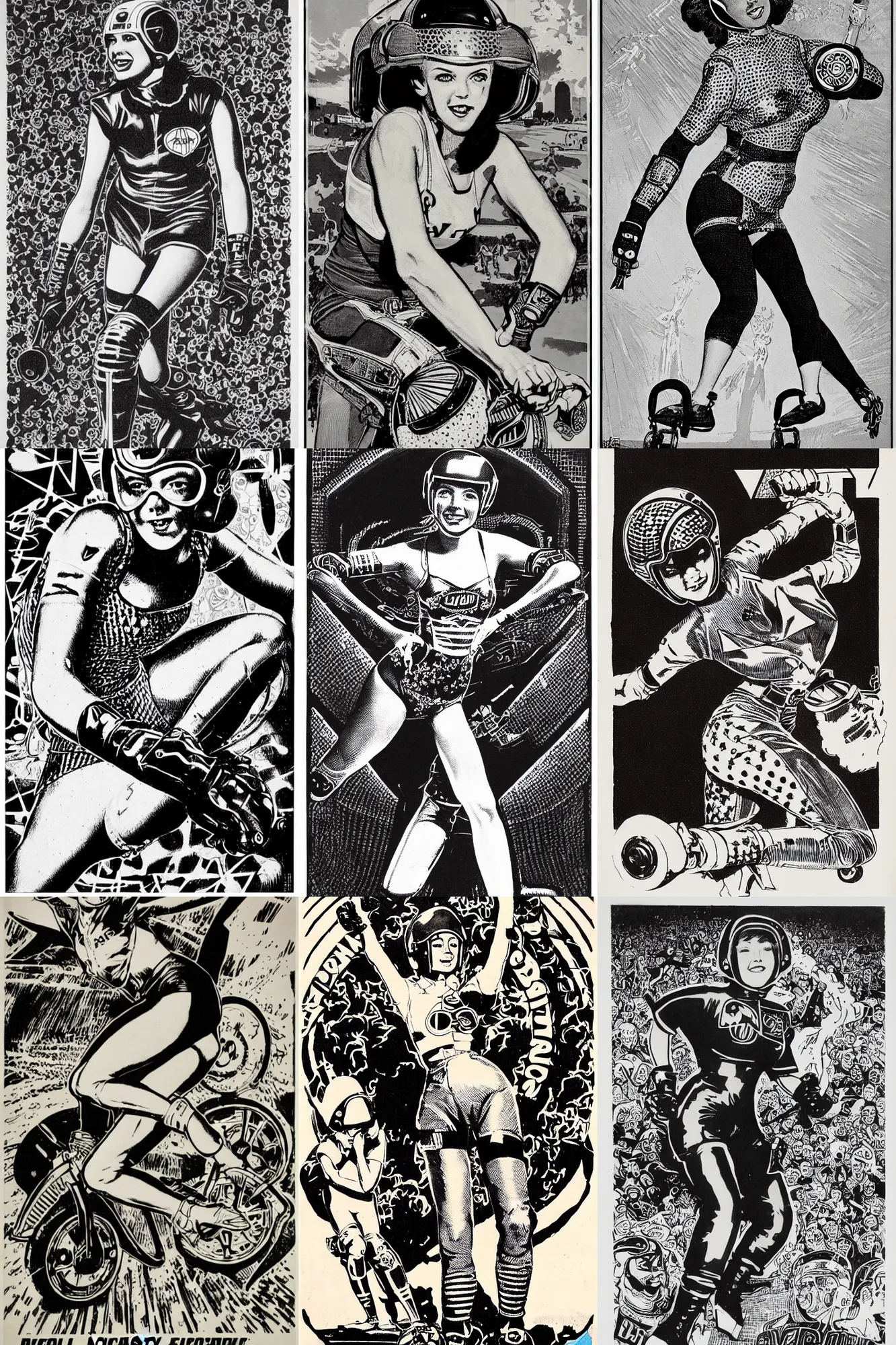 Prompt: roller derby girl portrait, logo, wearing helmet, wearing knee and elbow pads, showing victory, Virgil Finlay