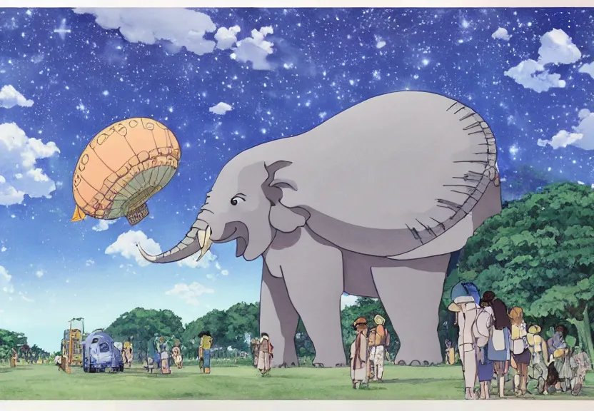 Prompt: a hyperrealist watercolor concept art from a studio ghibli film showing a giant grey blimp in the shape of an elephant. a hindu temple is under construction in the background in india on a misty and starry night. by studio ghibli. very dull muted colors