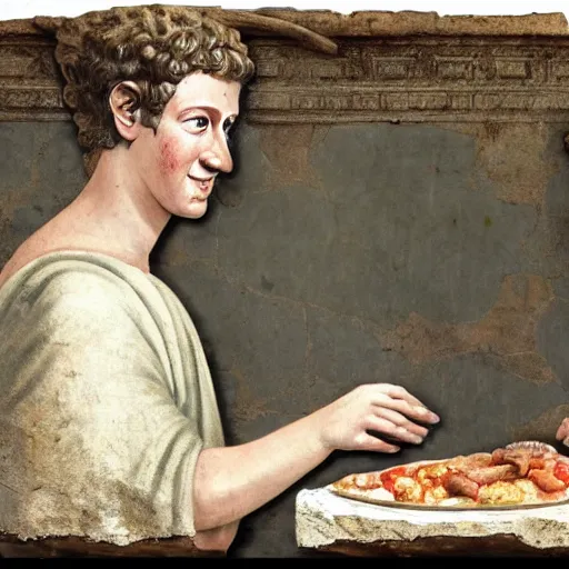 Prompt: photo of an ancient roman fresco on a wall in an ancient roman villa : mark zuckerberg as a roman noble senator next to a grill with meats. dressed in a white toga. serious facial expression. detailed, intricate artwork. faded shadows