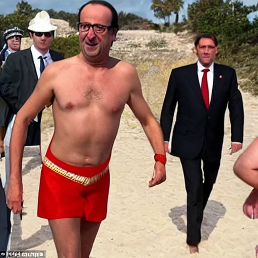 Image similar to François Hollande in a swimsuit of borat in the show Baywatch