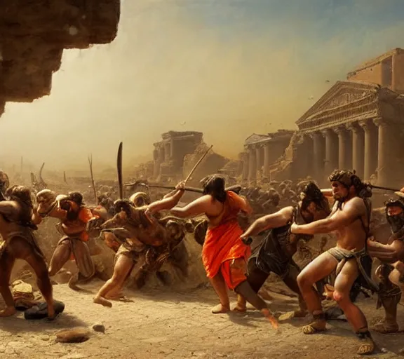 Prompt: an epic matte painting of podcasters fighting in the streets of an ancient city during the bronze age collapse, soft lighting, very coherent, oil on canvas in the style of John grimshaw,