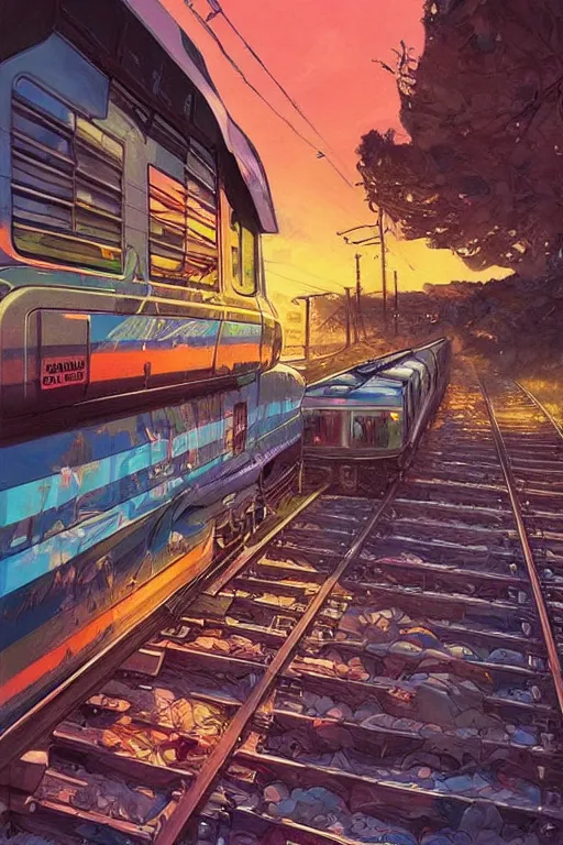 Image similar to trains covered in dripping graffiti paint, by hiroshi yoshida and moebius and loish and artgerm, painterly, symmetrical, ultra detailed, hyper realistic, illustration, sunset lighting