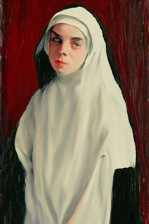 Image similar to Billie Eilish as a nun, painted by Robert Henri