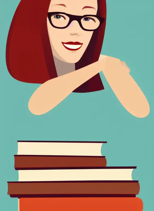 Prompt: a young woman with red hair and glasses sits on top of a tall pile of books. she is reading. clean pretty vector art, beautiful detailed face.