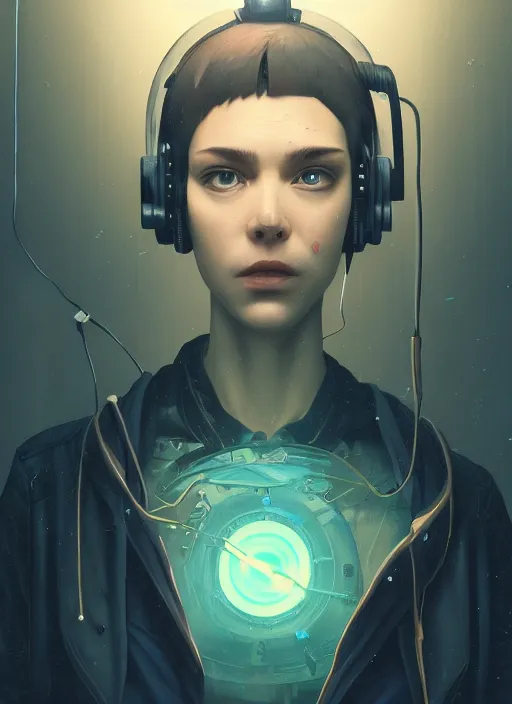 Image similar to highly detailed surreal vfx portrait of a cyberpunk gloomy hacker, wires to the head, stephen bliss, unreal engine, greg rutkowski, loish, rhads, beeple, makoto shinkai and lois van baarle, ilya kuvshinov, rossdraws, tom bagshaw, alphonse mucha, global illumination, detailed and intricate environment