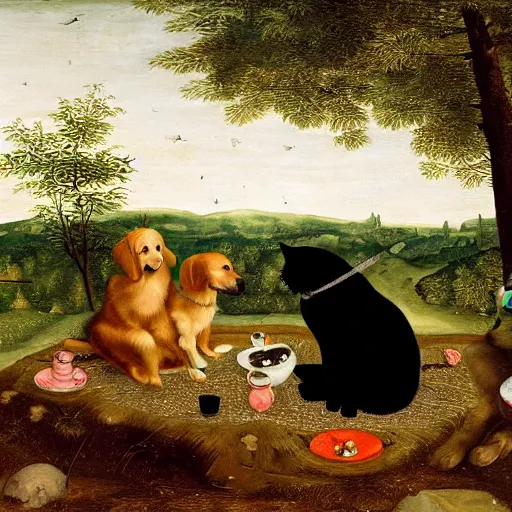 Prompt: bruegel style painting of golden retriever and a black kitty having a tea party in the forest