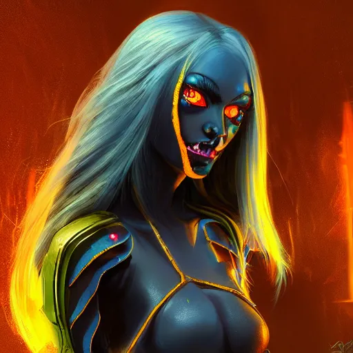 Image similar to dark art, Hot reptile humanoid woman, wearing armor, long blue hair, glowing yellow eyes, dark world, futuristic, digital art, artstation, concept art, 4k, 8k