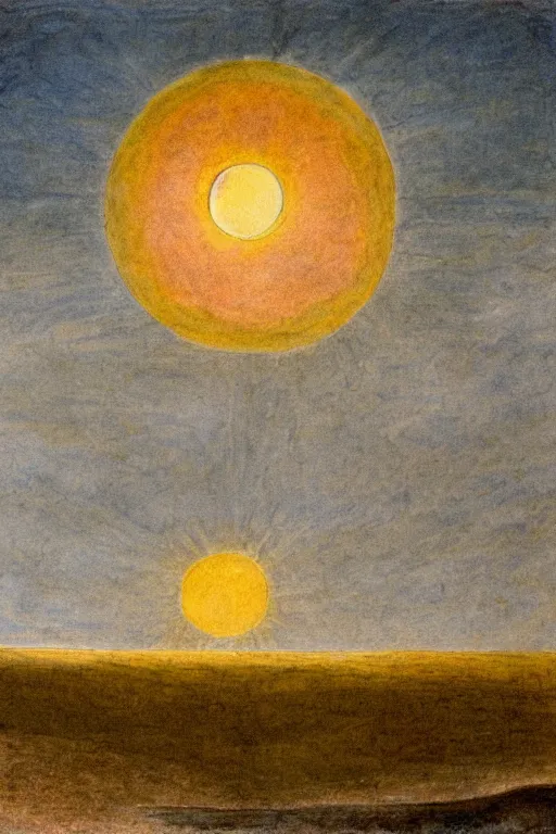 Image similar to painting of a plain landscape with large red sun at the top in the style of william blake