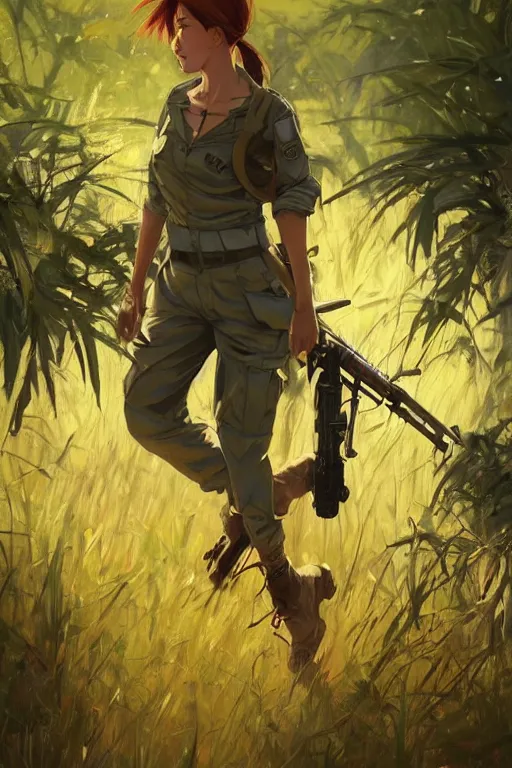 Prompt: a female soldier hiking in the savannah, mid shot, fine - face, realistic shaded perfect anatomy, fine details. sunset. very anime style. realistic shaded lighting poster by ilya kuvshinov katsuhiro, magali villeneuve, artgerm, jeremy lipkin and michael garmash, rob rey and kentaro miura style, trending on art station