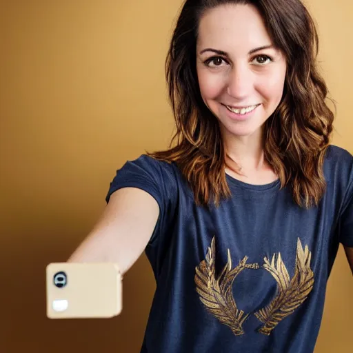 Prompt: a selfie portrait a brunette female, young, athletic, australian, wearing a gold tshirt in a studio