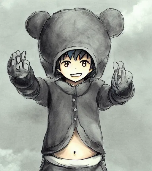 Prompt: attractive little boy wearing an cyborg bear suit, artwork in kentaro miura and made in abyss and inazuma eleven, smooth, beautiful lightness, anatomically correct, trending on pixiv, sensual composition