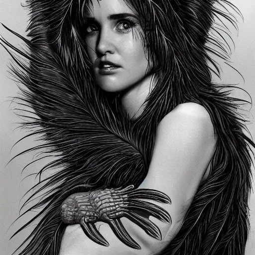 Image similar to young innocent jennifer connelly as alien bird - woman, gray skin, wearing black hooded cloak, huge wings, black feathers instead of hair, black feathers growing out of skin, bumpy skin, screaming, losing control, black feathers growing out of face, black hands with black claws, comic book, giger, mucha, trending on artstation