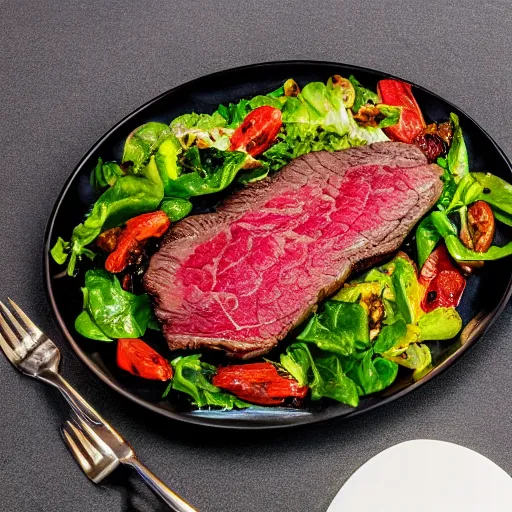 Image similar to photo of a lavish and exquisite dinner, including a large seasoned steak with a salad, with a grilled and a seasoned vegetable medley on the side, mouthwatering, studio advertising photography, f/1.8 32mm HDR