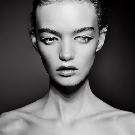 Prompt: a fashion photo of a beautiful model, stylesd and photo by elizabeth saltzman, peter lindbergh, tim walker, symmetry, full face, studio lighting, dlsr, detailed face